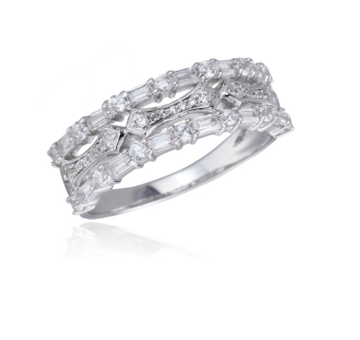 Sterling Silver Rhodium Cubic Zirconia 3 Row Baguette Cut Eternity Band Fashion Ring Kirin Jewelry 104241