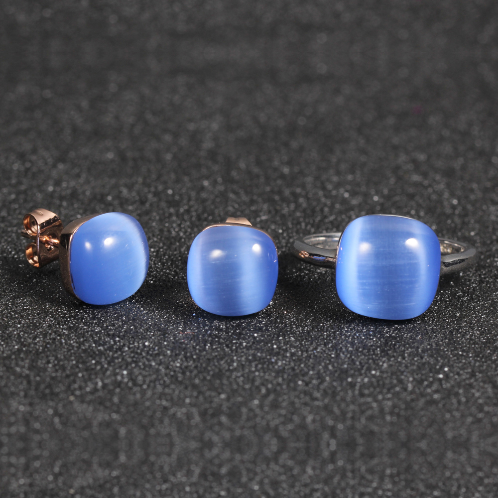 925 silver jewellery set blue cat eye stone earrings rings for women kirin jewelry 81386