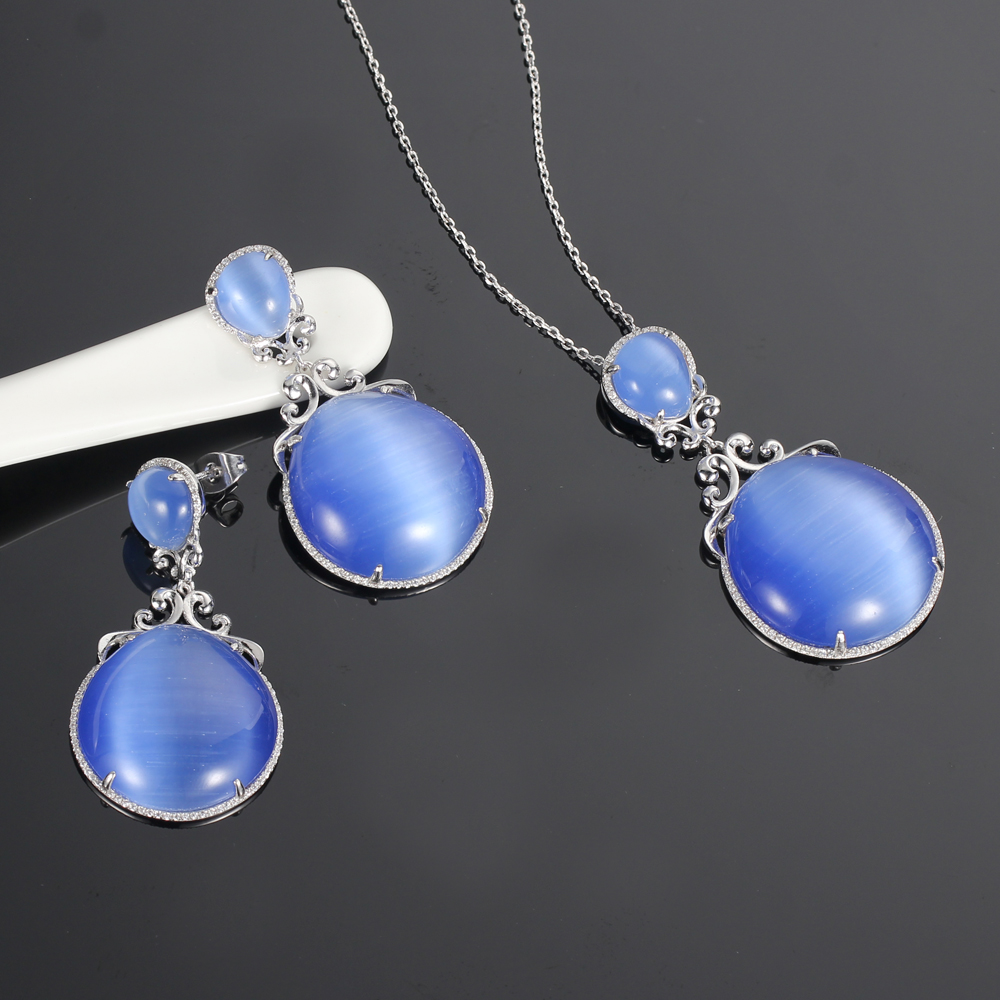 925 silver jewelry set cat eye stone flower jewelry pendant earrings kirin jewelry 82569