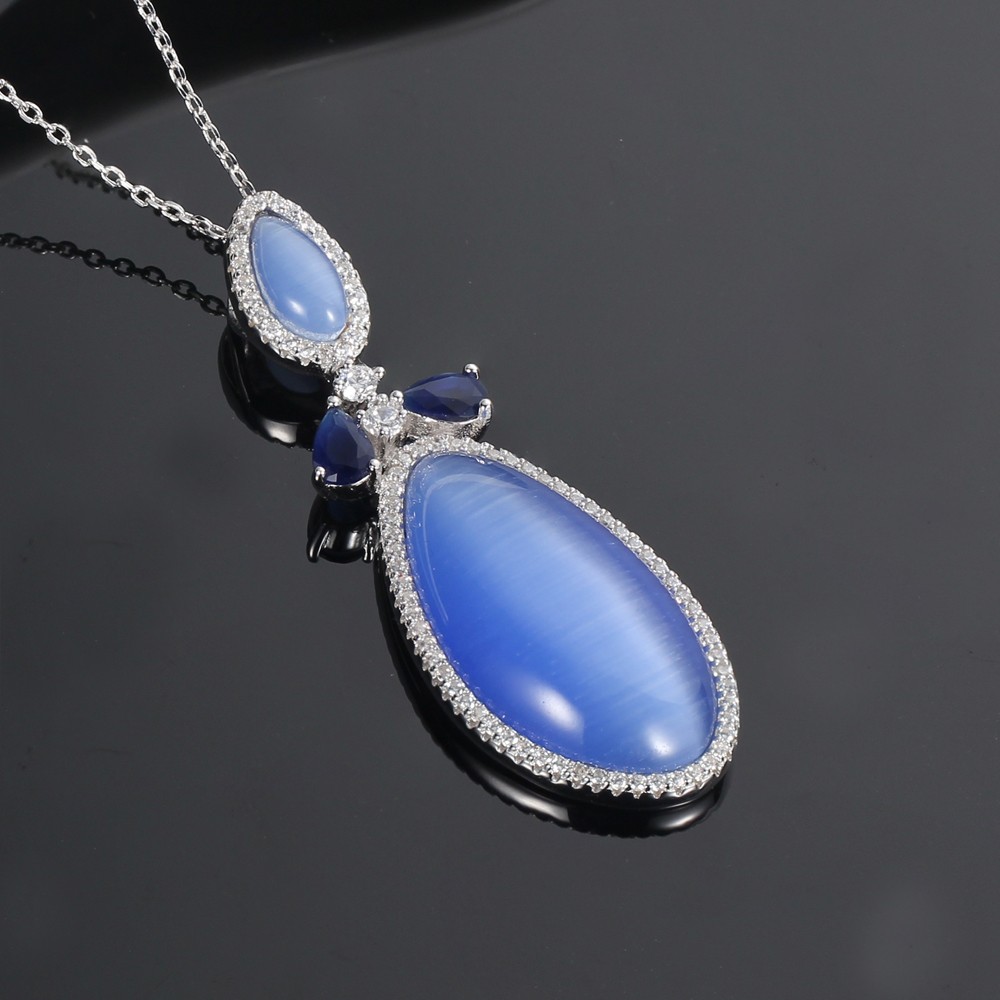 Kirin Jewelry -925 Silver Jewelry Set Blue Cat Eye Jewelry Rings Pendants Earrings