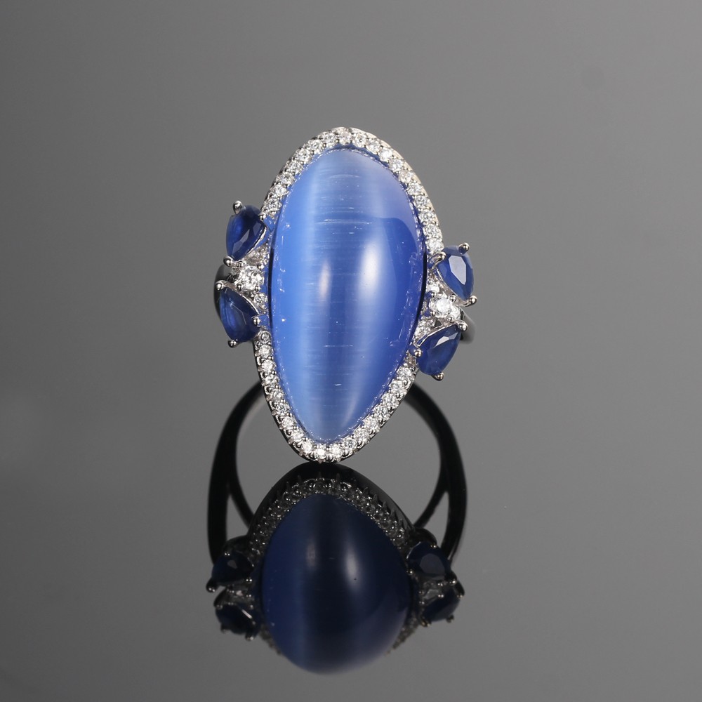 Kirin Jewelry -925 Silver Jewelry Set Blue Cat Eye Jewelry Rings Pendants Earrings-1