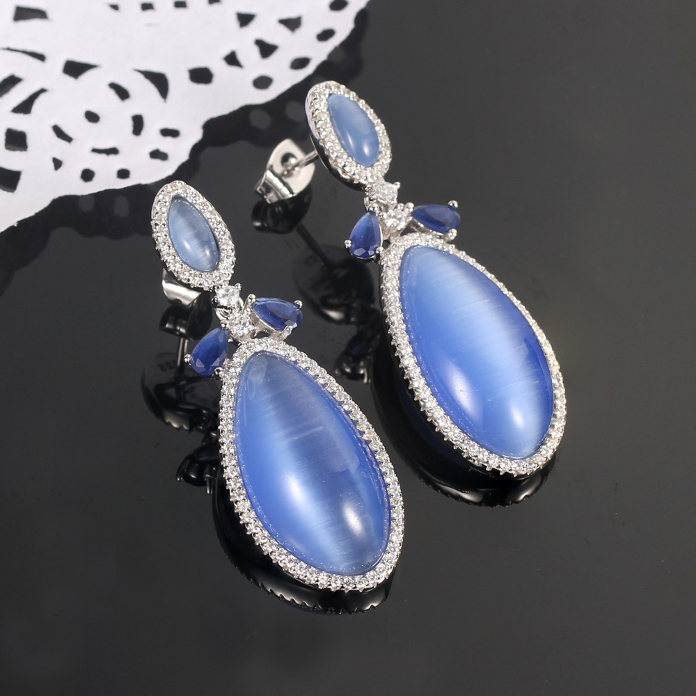 Kirin Jewelry -925 Silver Jewelry Set Blue Cat Eye Jewelry Rings Pendants Earrings-2