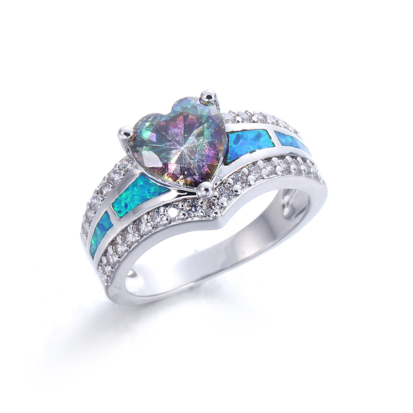 Women Fashion Heart Shape 925 Sterling Silver Blue Opal Rings Wedding party Jewelry 103551