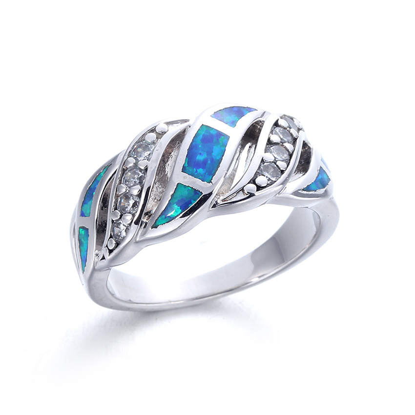 Classic Round Blue Opal Rings For Women Wedding Bands Jewelry 103574