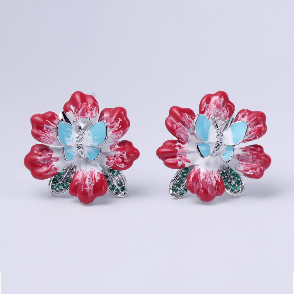 925 Sterling Silver Enamel Flower Earring Pendant Ring Jewelry Set For Women 84426