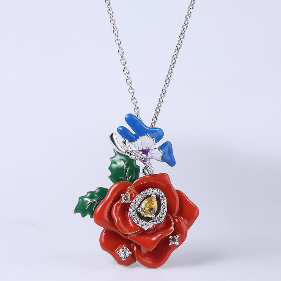 925 Sterling Silver Flower Enamel Jewelry set Cute Earring/Ring/Pendant 84458
