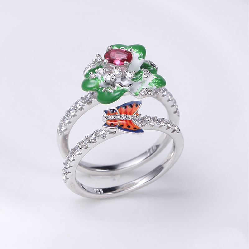 Wholesale Women Flower Shape 925 Silver Enamel Ring/Earring/Pendant Jewelry set 84552