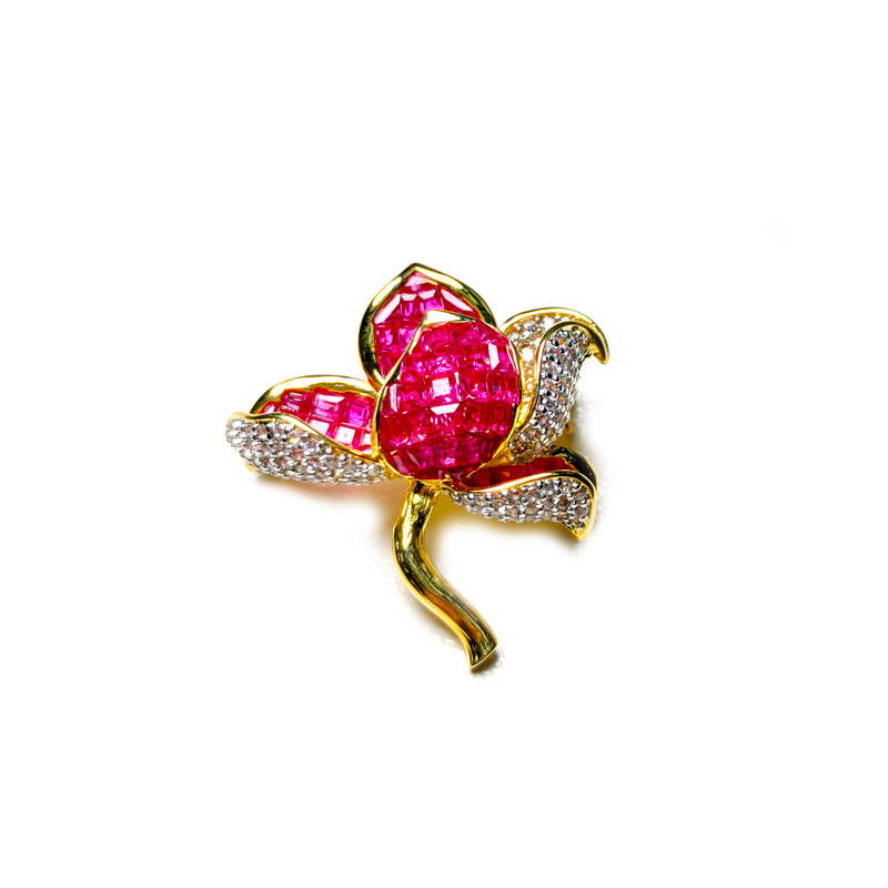 Customized Flower Invisible Setting Item 925 Sterling Silver Ruby CZ Brooch for Woman 40383 From China