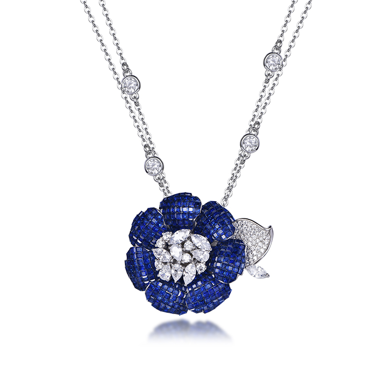 Elegant Custom 925 Sterling Silver Invisible Setting Item CZ Flower Necklace for Woman 71475