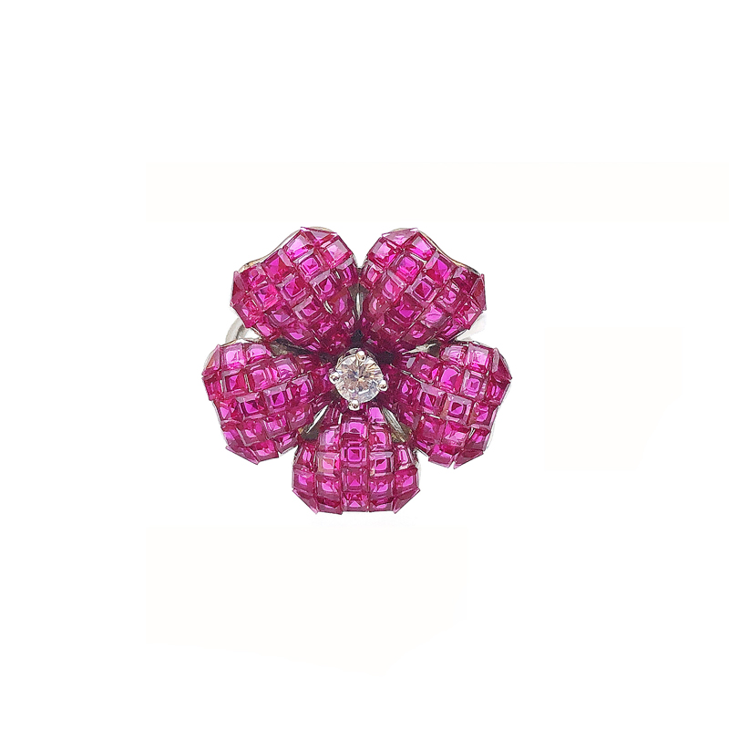 Charming Custom 925 Sterling Silver Flower Invisible Setting Item CZ Ruby Ring for Woman 105431