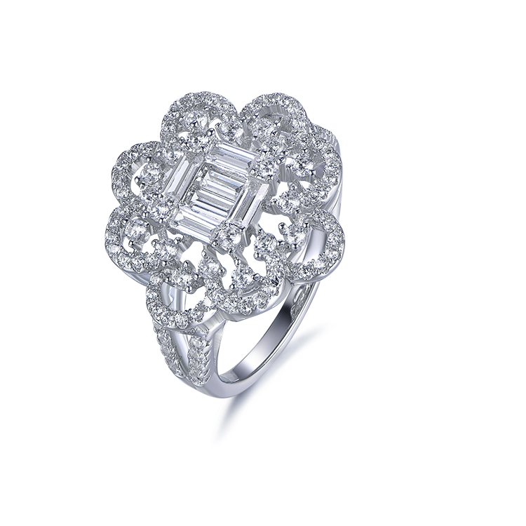 New Arrival Retro White Gold Plated Simple Pave Setting Cubic Zirconia Flower Ring