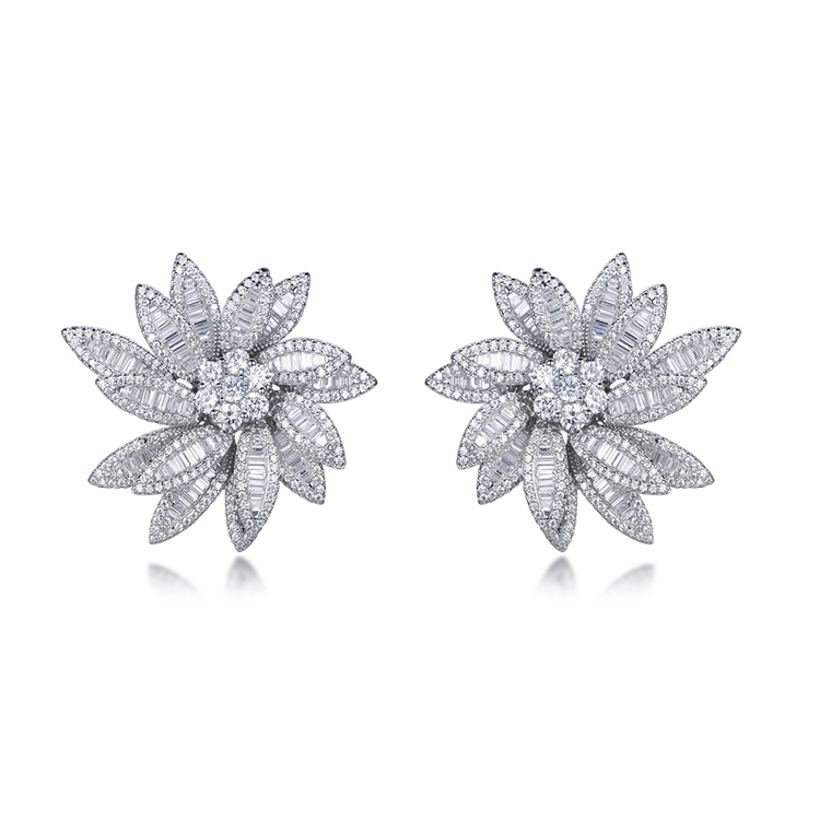 Refinement Big Flower Shape Pave Baguette Zircon White Gold Plated Female Earrings For Party