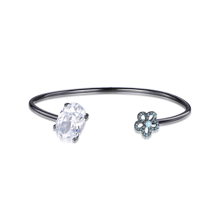 Women white crystal blue flower shape black gold-plated simple silver bracelet
